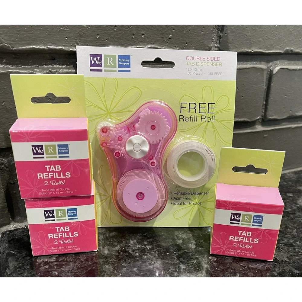 We R Memory Keepers Pink Tab Dispenser & 3 Boxes Of Refills-Adhesive Squares NIB - Picture 1 of 11